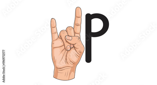 Illustration of a hand making the ASL 'I love you' sign next to the letter P.
