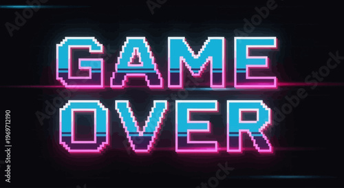 Retro pixelated neon 'GAME OVER' text with glowing blue and pink letters on a dark background, evoking a vintage arcade video game aesthetic.