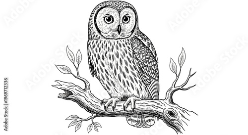 Detailed black and white line art illustration of a wise owl perched on a tree branch with leaves, showcasing intricate feather patterns and large eyes.