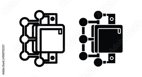 Set of icons representing a central processing unit or cpu chip with connected nodes and data pathways