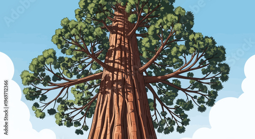 A majestic giant redwood tree seen from below, showcasing its immense trunk and lush green canopy against a clear blue sky.