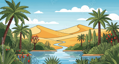 Oasis in Desert Landscape with Palm Trees and Sand Dunes
