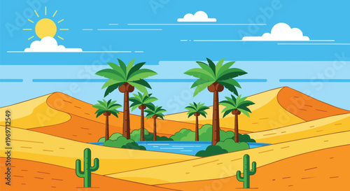 Desert Oasis Landscape with Palm Trees and Sand Dunes Vector Illustration