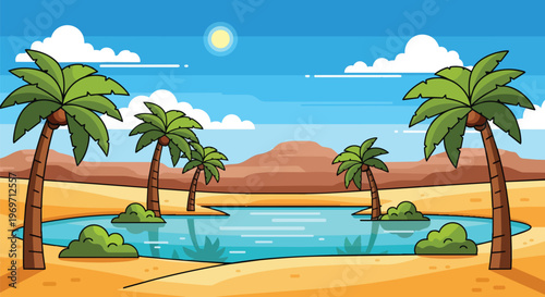 Desert Oasis with Palm Trees and Blue Water Pool Vector Illustration