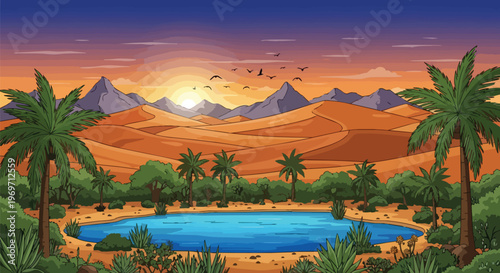 Pixel Art Desert Oasis Landscape with Palm Trees and Mountains at Sunset
