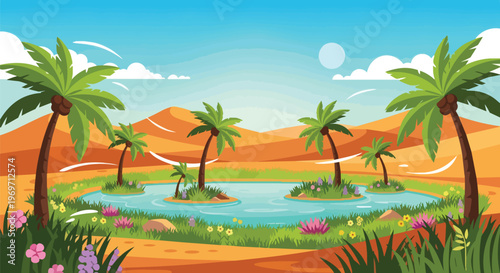 Cartoon Desert Oasis with Palm Trees and Water Pond Landscape