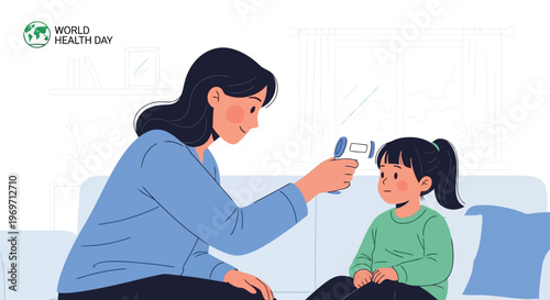 Mother checking daughter temperature with infrared thermometer at home