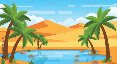Desert Oasis with Palm Trees and Sand Dunes Vector Illustration
