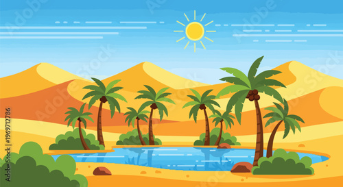 Flat Vector Illustration of a Desert Oasis with Palm Trees and Sand Dunes
