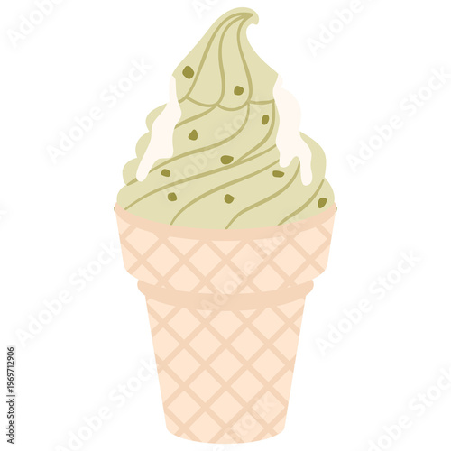 Pistachio soft serve ice cream cone, vector illustration