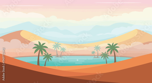 Flat Vector Illustration of an Oasis with Palm Trees in a Desert Landscape