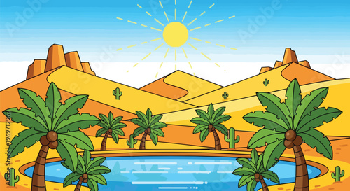 Cartoon Desert Oasis with Palm Trees and Sand Dunes under Bright Sun