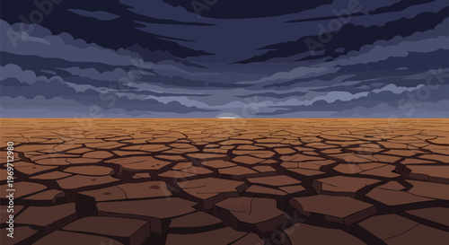 Pixel Art Landscape of Cracked Dry Earth Under Dark Stormy Clouds