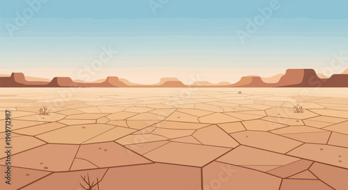 Pixel Art Desert Landscape with Cracked Ground and Distant Mesas