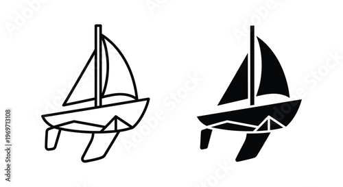 Set of sailboat icons, vector illustration of a sailing boat with mountain landscape inside the hull