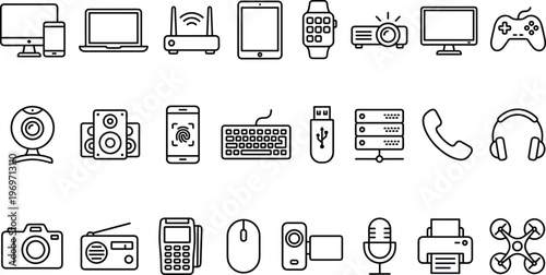 Electronic Devices and Technology Line Icon Set Featuring Computers, Smartphones, Audio Equipment, Gaming, Cameras, Networking, and Digital Communication Gadgets for Modern Design