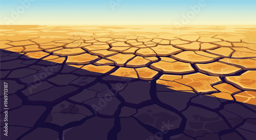 Pixel Art Illustration of Cracked Dry Earth Landscape with Dramatic Shadow