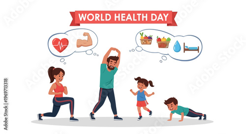 Family exercising together for World Health Day wellness illustration