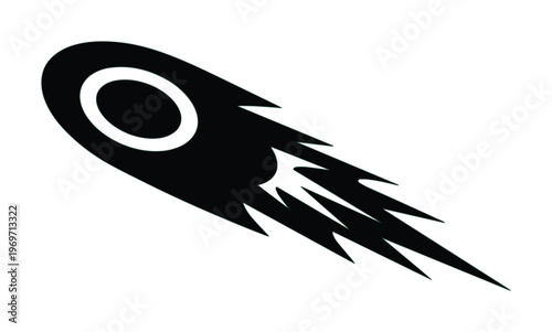 Stylized comet falling vector icon, black silhouette of a flying meteor with fire trail, minimalist celestial asteroid graphic for logo design