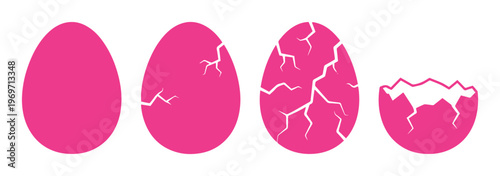 Pink hatching egg sequence vector, cracked eggshell stages icon set, broken magenta bird egg progress illustration for birth and growth concepts