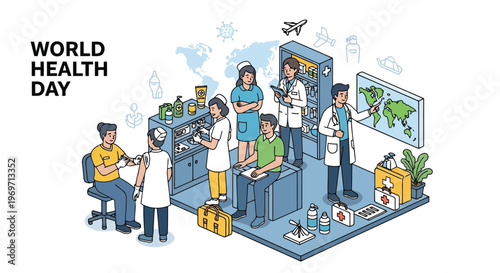 Isometric medical clinic scene with doctors and patients illustration