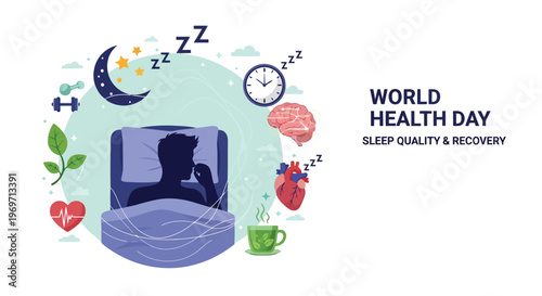 Sleep quality and recovery for world health day concept illustration