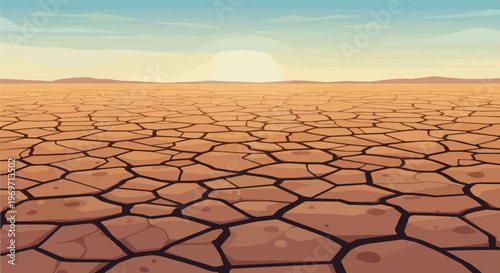 Cartoon Vector Illustration of a Cracked Dry Desert Landscape at Sunset