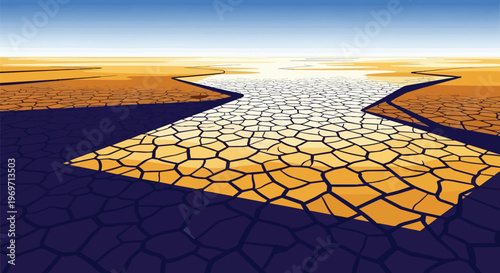 Abstract illustration of cracked dry earth landscape with geometric transition