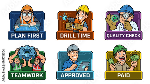 Construction Productivity Sticker Set with Professional Workflow Concept Plan First Drill Time Quality Check Teamwork Approved and Paid for Engineering Industrial Project and Labor Management
