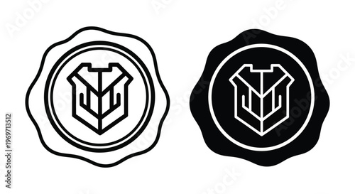 Set of two wax seal stamps with abstract shield emblem icons, vintage style heraldic sign, vector illustration
