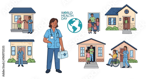 Community health care nurse visiting patients at home illustration