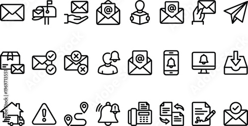 Email, Notification, and Delivery Line Icon Set Featuring Messaging, Alerts, Package Shipping, User Updates, Document Signing, and Communication Interface Symbols
