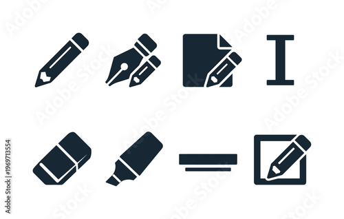 Set of black editing and writing tool icons including pencils, pen nib, document edit, text cursor, eraser, highlighter, underline, and edit frame
