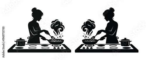 Black silhouette of woman cooking in kitchen, female chef frying food on stove, housewife preparing meal with pan and pot, culinary vector icons