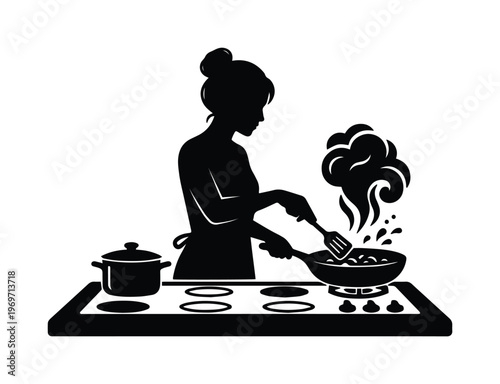 Black silhouette of woman cooking in kitchen, female chef frying food on stove with pan and spatula, culinary professional vector illustration
