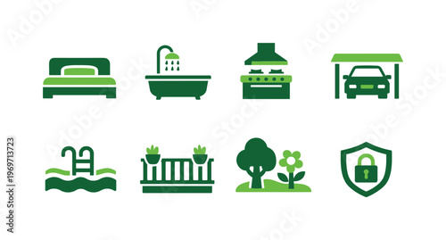 Green eco-friendly home service icons set featuring bedroom, bathtub, kitchen stove, carport, swimming pool, balcony plants, garden trees, and security shield