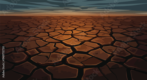 Pixel Art Illustration of a Parched Cracked Earth Desert Landscape at Sunset