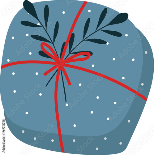 A vibrant gift box adorned with a decorative bow and festive green leaves