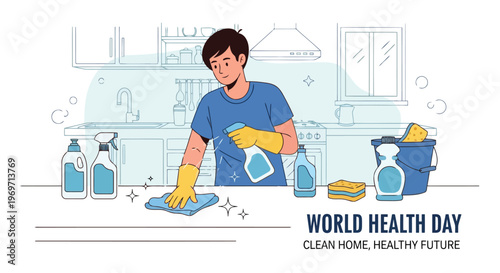 Young man cleaning kitchen counter for healthy home environment