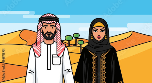 Arab couple in traditional clothing standing in desert landscape