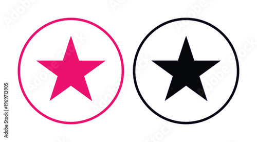 Minimalist star icons in circles, pink and black five-pointed star symbols, flat vector graphic elements for rating and favorites