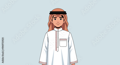 Young Arab man in traditional thawb and ghutra standing against a light blue background