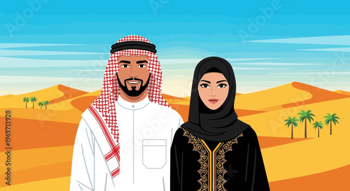 Arab Couple in Traditional Dress in Desert Landscape