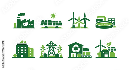 Green energy and sustainability icon set featuring solar panels, wind turbines, recycling, power grid, factory, eco home, and biofuel storage