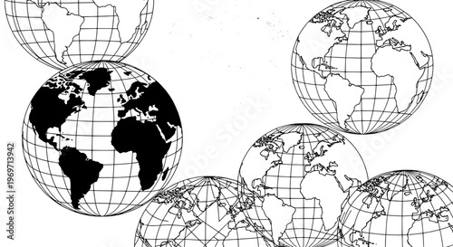 Globes set with black and white grid lines and maps featuring world map, map, earth with 3D and illustration elements for vector, graphics projects,