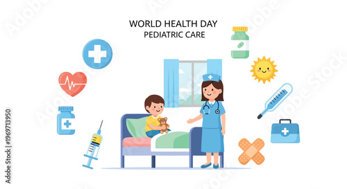 Nurse caring for child in hospital for pediatric health awareness