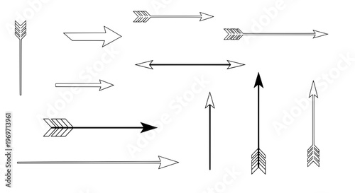 Arrows hand drawn set with black curved lines and straight shafts and fletching featuring arrow, vector, illustration with white and gray elements