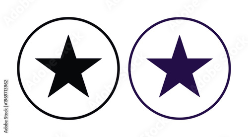Minimalist star icons in circular frames, black and dark purple star symbols, flat vector graphic elements for rating and UI design