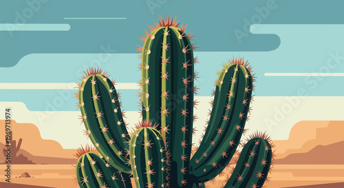 Flat Vector Illustration of Saguaro Cactus in Desert Landscape