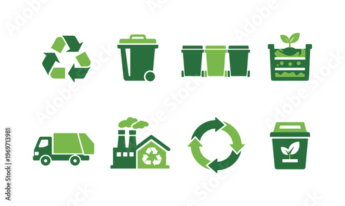 Green recycling and waste management icon set showing recycle symbol, trash bins, compost container, collection truck, circular arrows, and eco industry